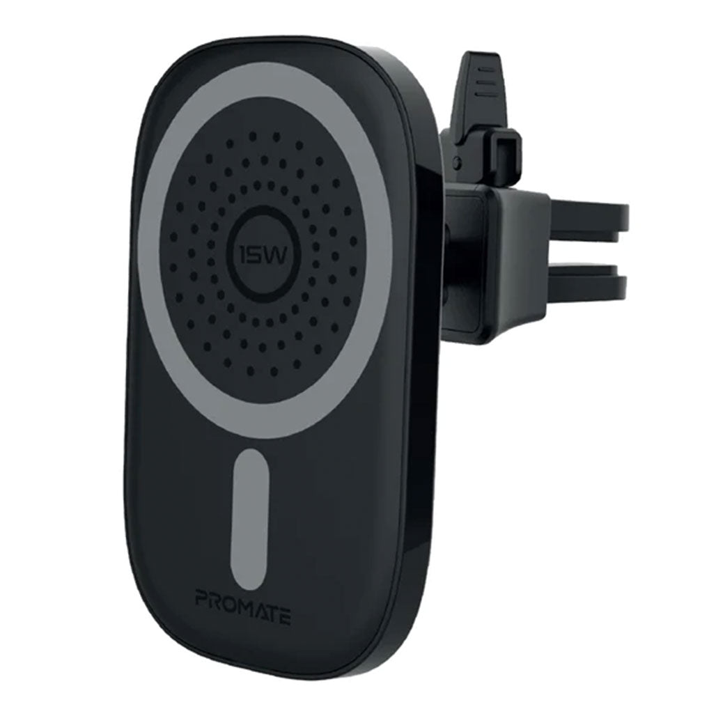 A Photo Of Promate VentMag-15W Magnetic Wireless Charging Car Mount | 15W Fast Charging, MagSafe Compatible, No-Arm Design