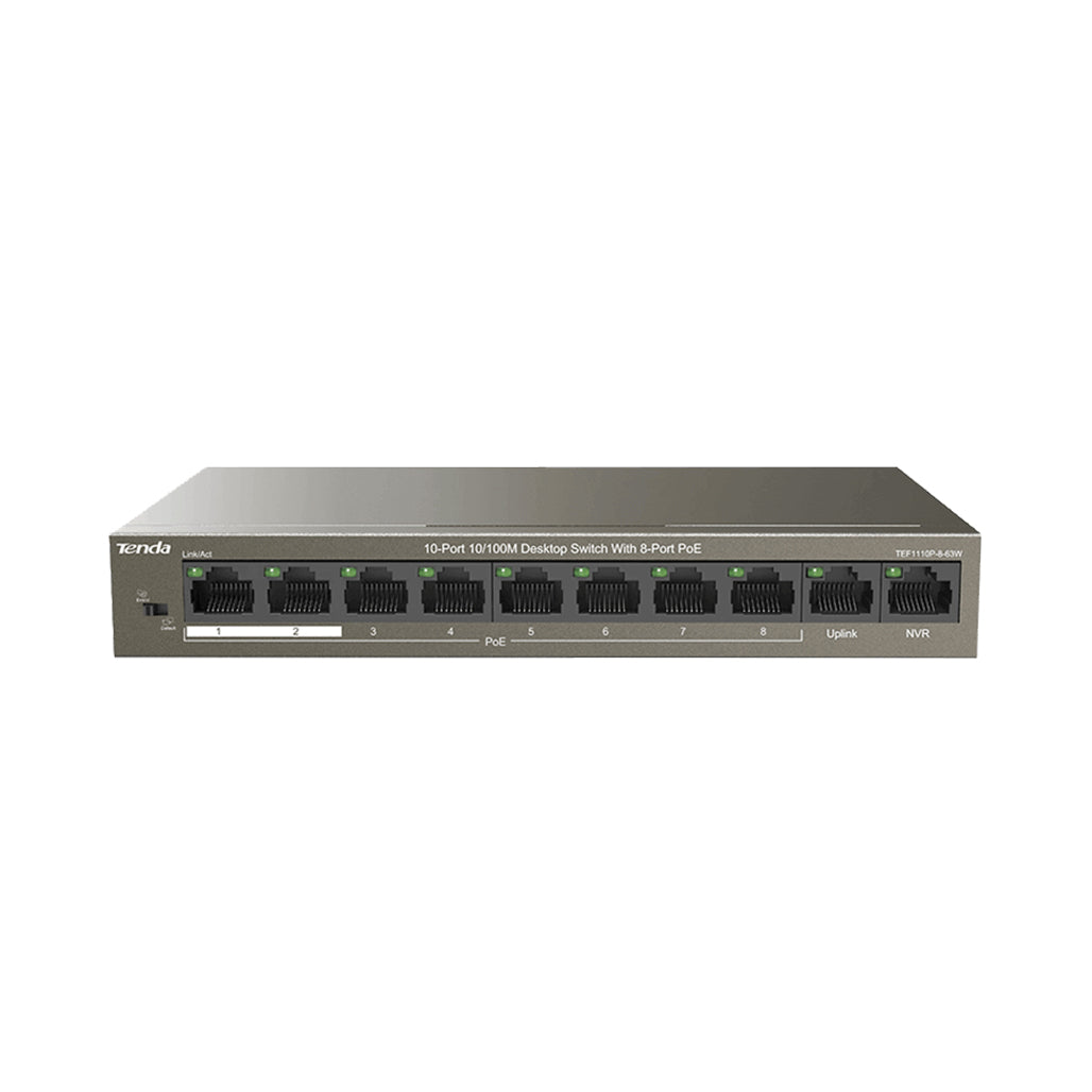 A Photo Of Tenda TEF1110P-8-63W 10-Port Fast Ethernet PoE+ Switch – 8 PoE Outputs + 2 Uplink Ports