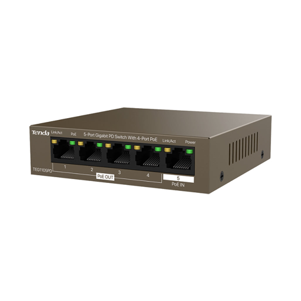 A Photo Of Tenda TEG1105PD 5-Port Gigabit PoE Switch – 4 PoE Out + PoE In, 30W Budget