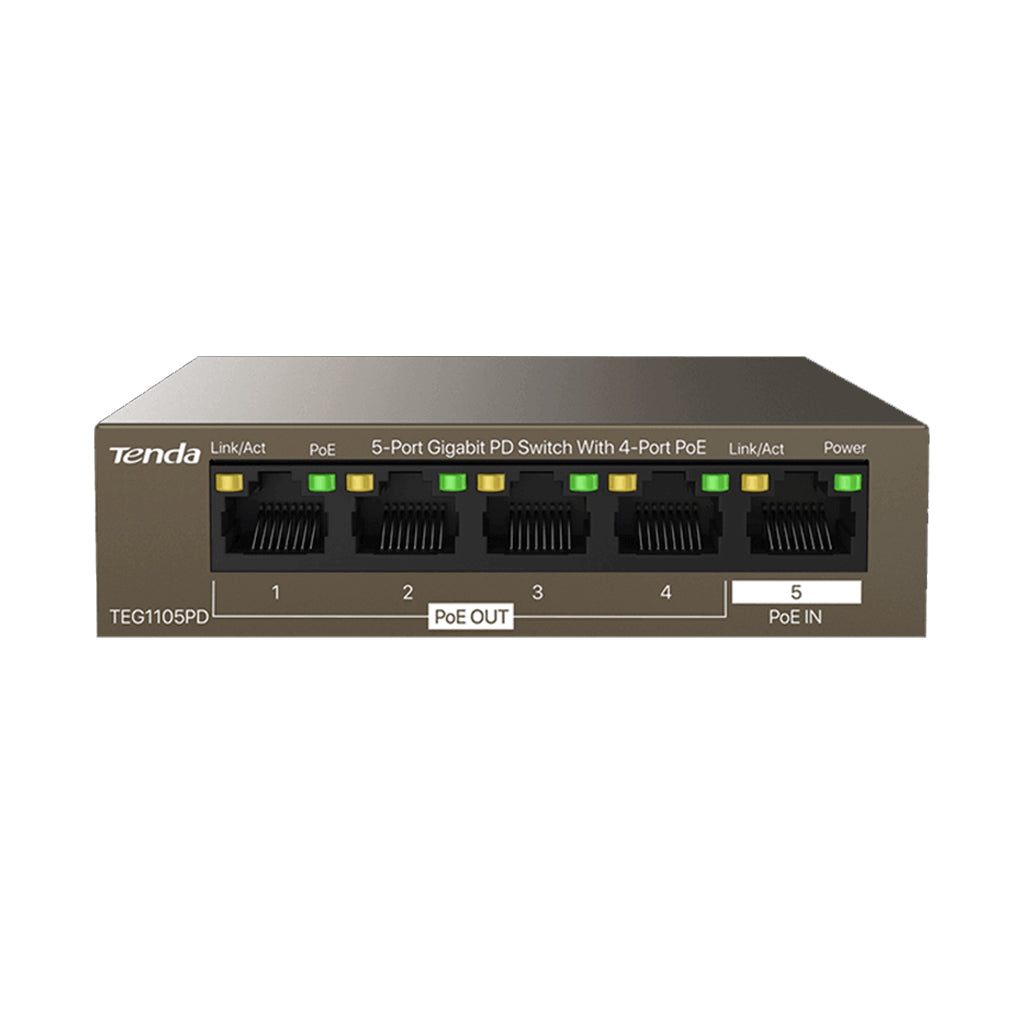 A Photo Of Tenda TEG1105PD 5-Port Gigabit PoE Switch – 4 PoE Out + PoE In, 30W Budget