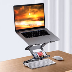 A Photo Of Adjustable Three-Layer Laptop Stand with Folding Storage and Cooling Base – Portable Carbon Steel Vertical Lifting Stand
