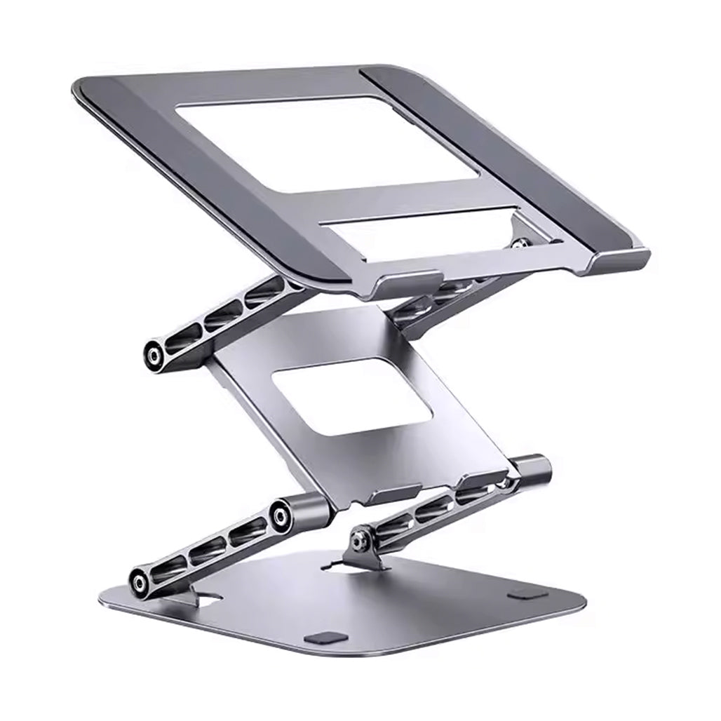 A Photo Of Adjustable Three-Layer Laptop Stand with Folding Storage and Cooling Base – Portable Carbon Steel Vertical Lifting Stand