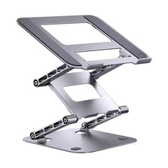 A Photo Of Adjustable Three-Layer Laptop Stand with Folding Storage and Cooling Base – Portable Carbon Steel Vertical Lifting Stand