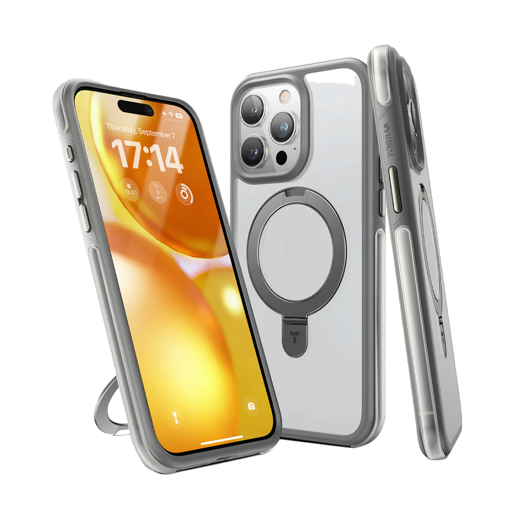 A Photo Of Torras UPRO Ostand Silver MagSafe Case for iPhone 15 Pro Max – Flexible Kickstand, Military-Grade Protection, and Seamless Wireless Charging