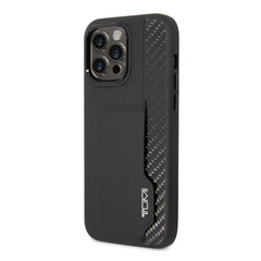 A Photo Of Tumi HC Leather & Shiny Carbon Fiber Case With Vertical Card Slot For iPhone 14 Pro