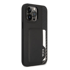 A Photo Of Tumi HC Leather & Shiny Carbon Fiber Case With Vertical Card Slot For iPhone 14 Pro