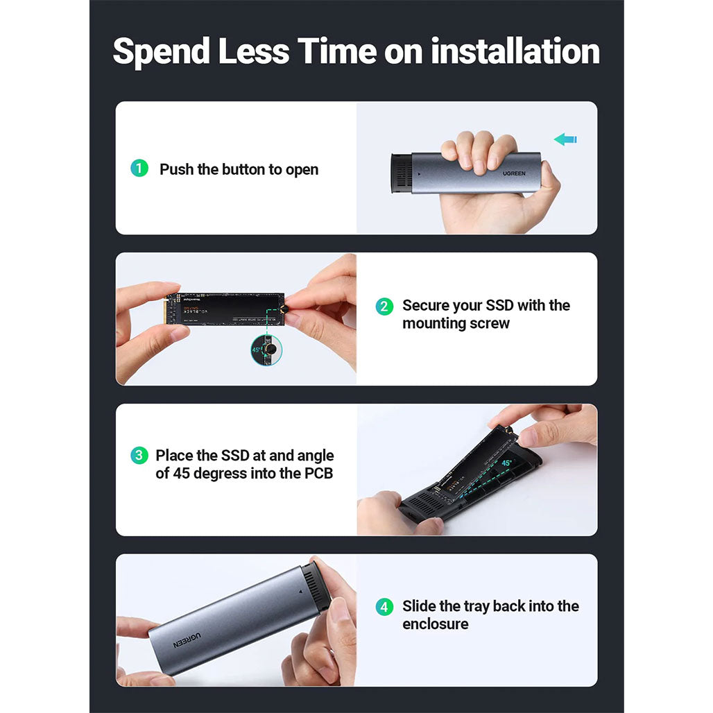 A Photo Of UGreen 90541 M.2 NVMe SSD Enclosure | USB 3.2 Gen 2 10Gbps | Thunderbolt 3 Compatible | Aluminum Tool-Free Case