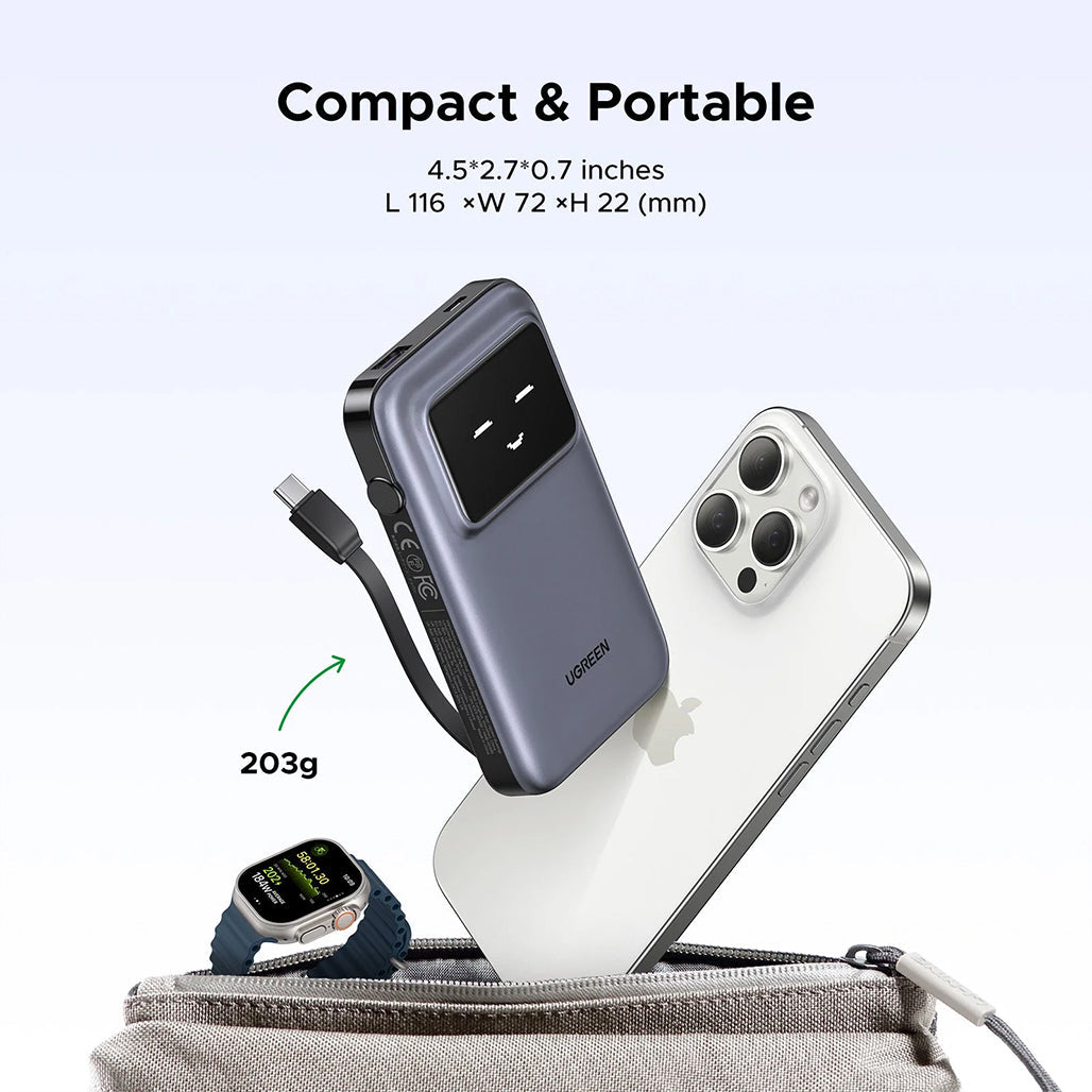 A Photo Of UGREEN Uno 10000mAh Power Bank with 30W Fast Charging | Built-in USB-C Cable, TFT Display