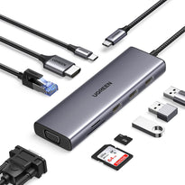 UGreen 9-in-1 USB-C Docking Station Hub CM498-15600 | 4K HDMI, 100W PD, USB 3.0, LAN, VGA, SD/TF Card Slots