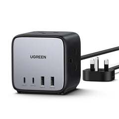 A Photo Of UGreen 65W USB-C GaN Charging Station - 7-Port Desktop Charger with 3 AC Outlets, 2 USB-C Ports, 2 USB-A Ports, 1.8M Extension Cord