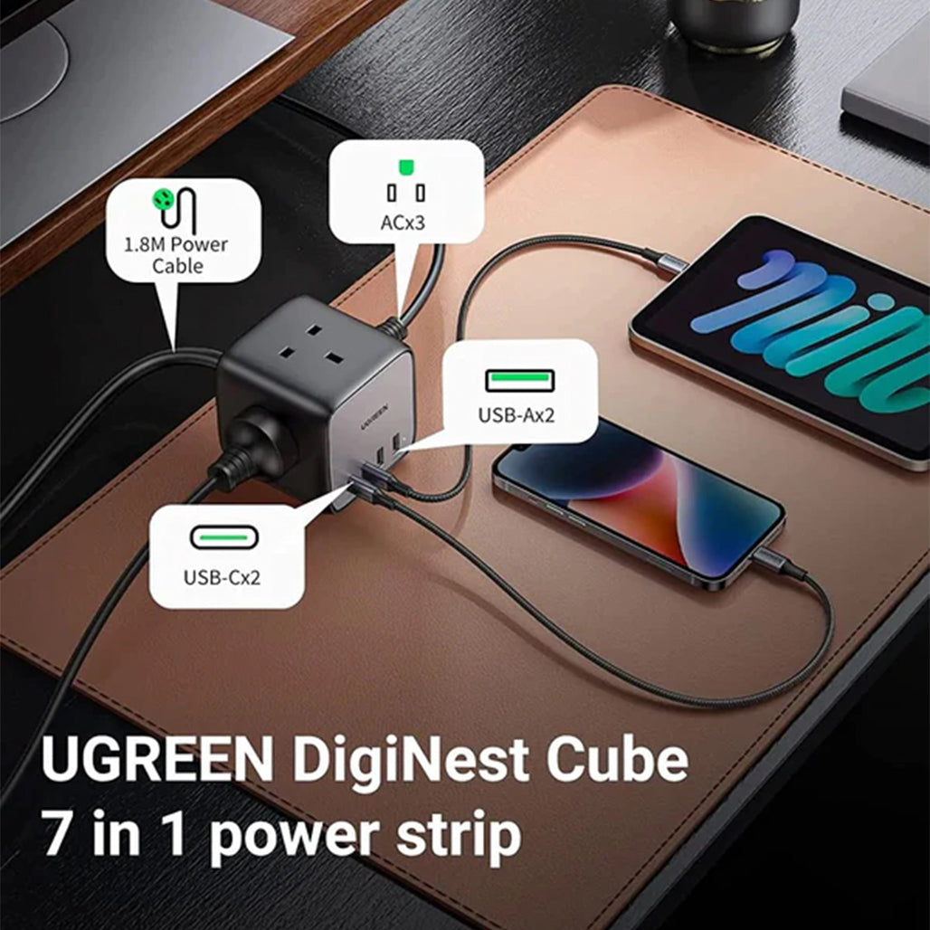 A Photo Of UGreen 65W USB-C GaN Charging Station - 7-Port Desktop Charger with 3 AC Outlets, 2 USB-C Ports, 2 USB-A Ports, 1.8M Extension Cord
