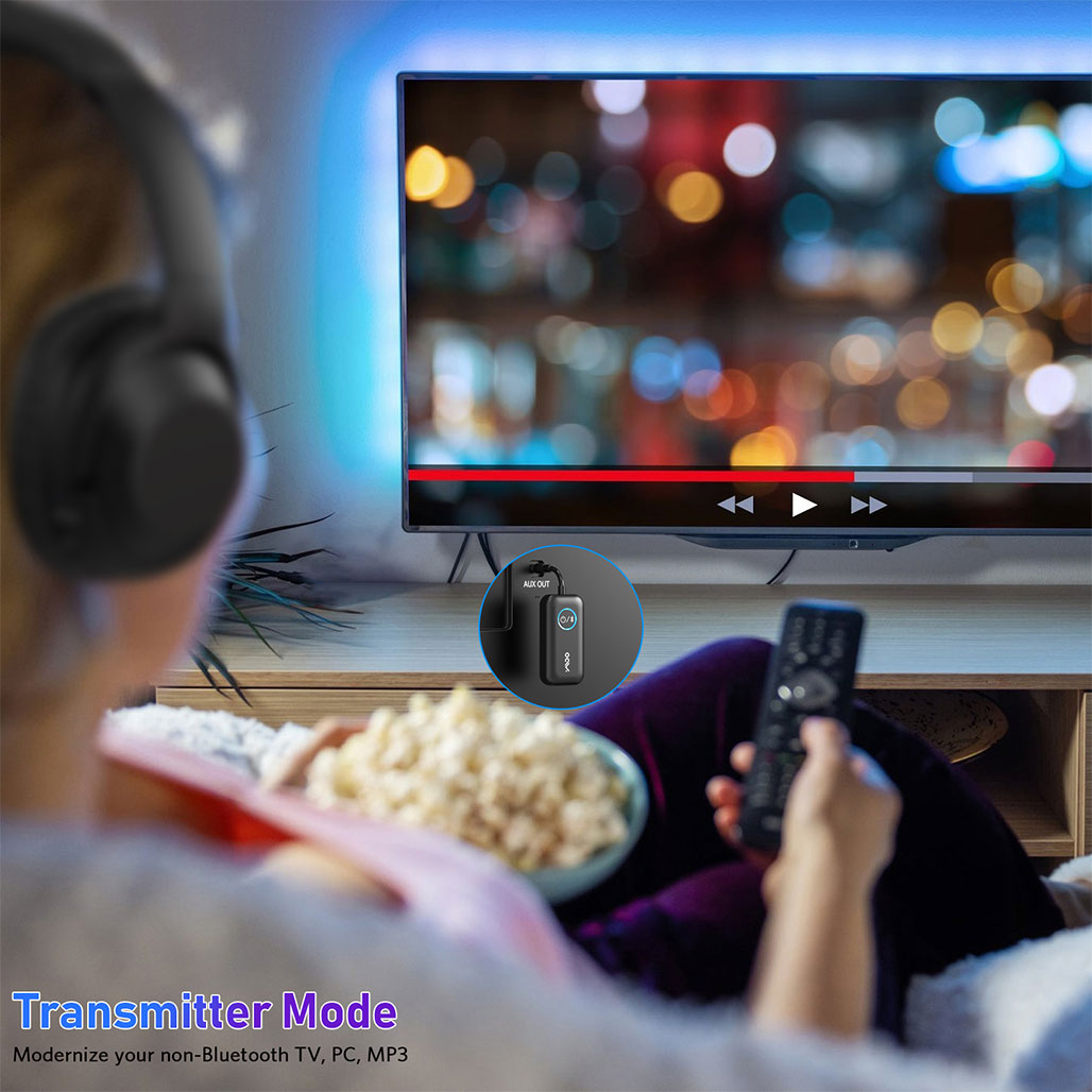 A Photo Of YMOO B06T2 Bluetooth 5.3 Audio Adapter | Wireless Transmitter & Receiver with AptX Low Latency HD | Dual Pairing for TV, PC, Car Speakers