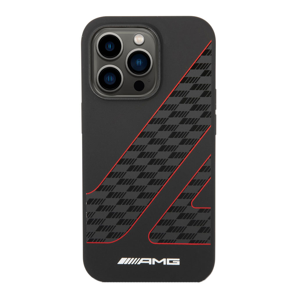 A Photo Of AMG Liquid Silicone Case With Checkered Flag Pattern For iPhone 14 Pro