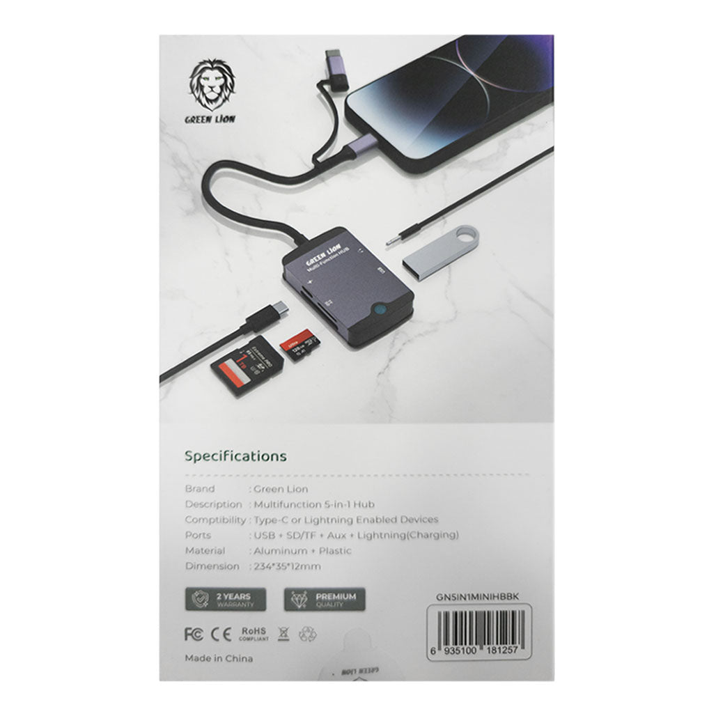 A Photo Of Green Lion 5-in-1 Multifunction Hub | Type-C, Lightning, SD/TF, AUX, USB - GN5IN1MINIHBBK