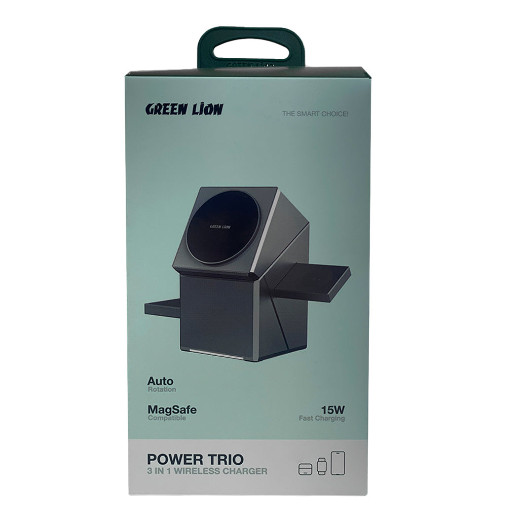 A Photo Of Green Lion Power Trio 3-in-1 Wireless Charger with MagSafe Compatibility and 15W Fast Charging