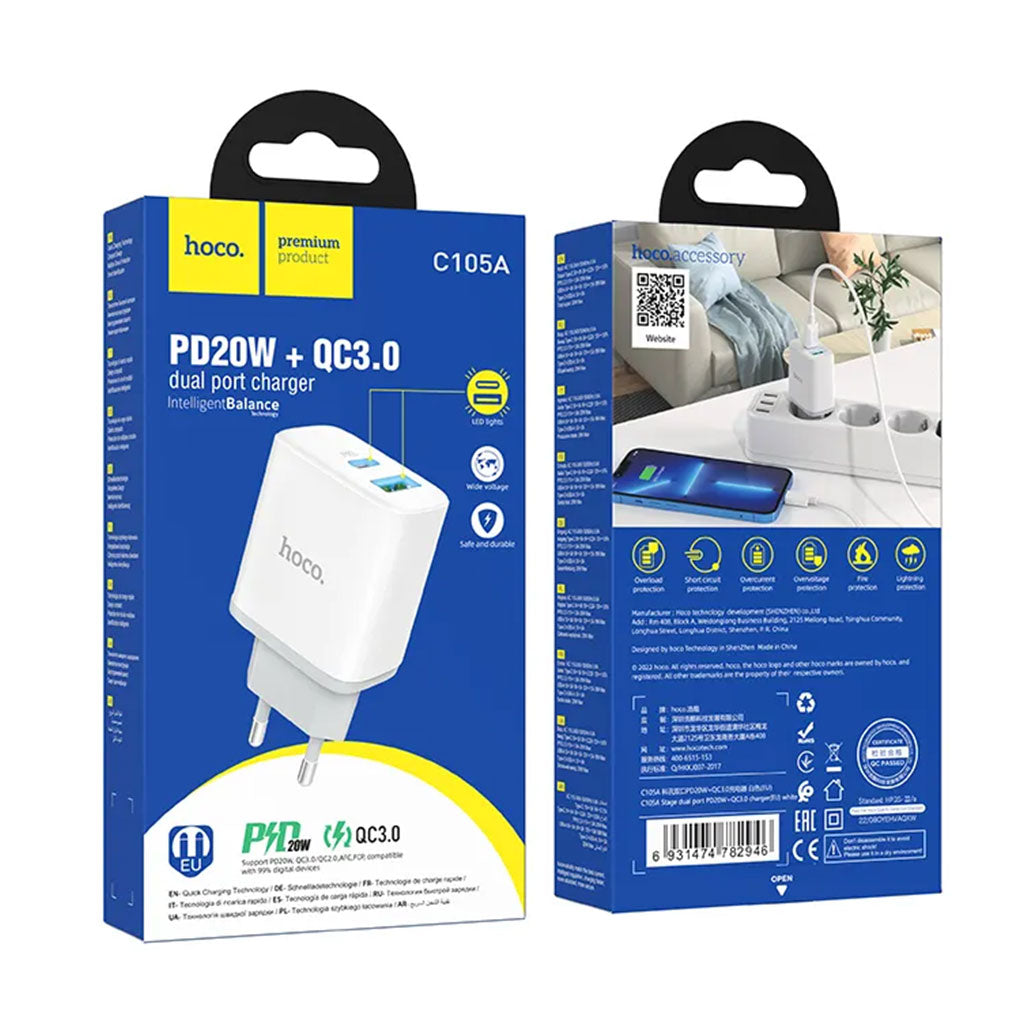 A Photo Of Hoco C105A Stage Dual Port Charger - 20W PD & QC3.0 Fast Charging