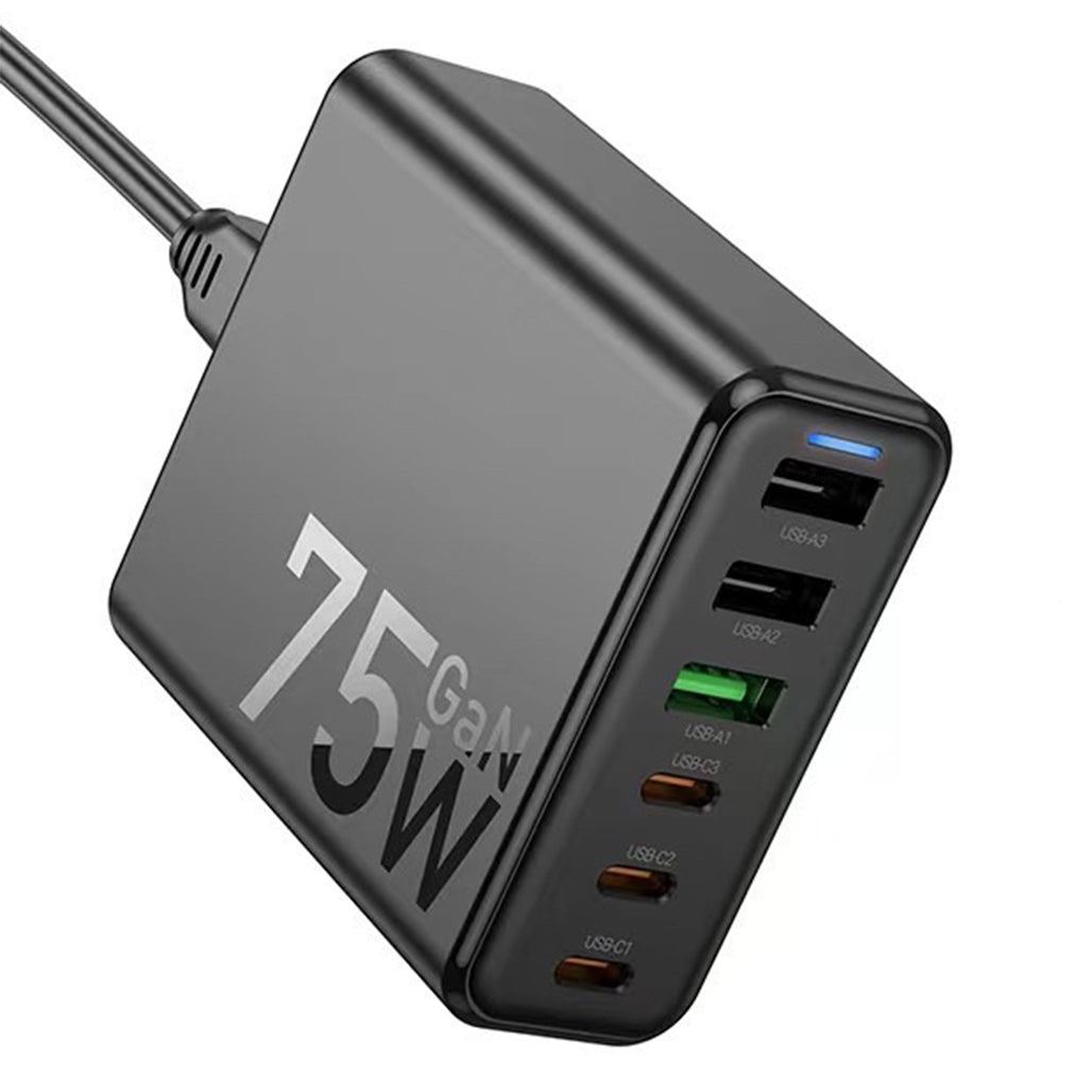 A Photo Of Hoco C133A High Power 75W Six-Port Charger with Cable - Multi-Device Fast Charging Solution