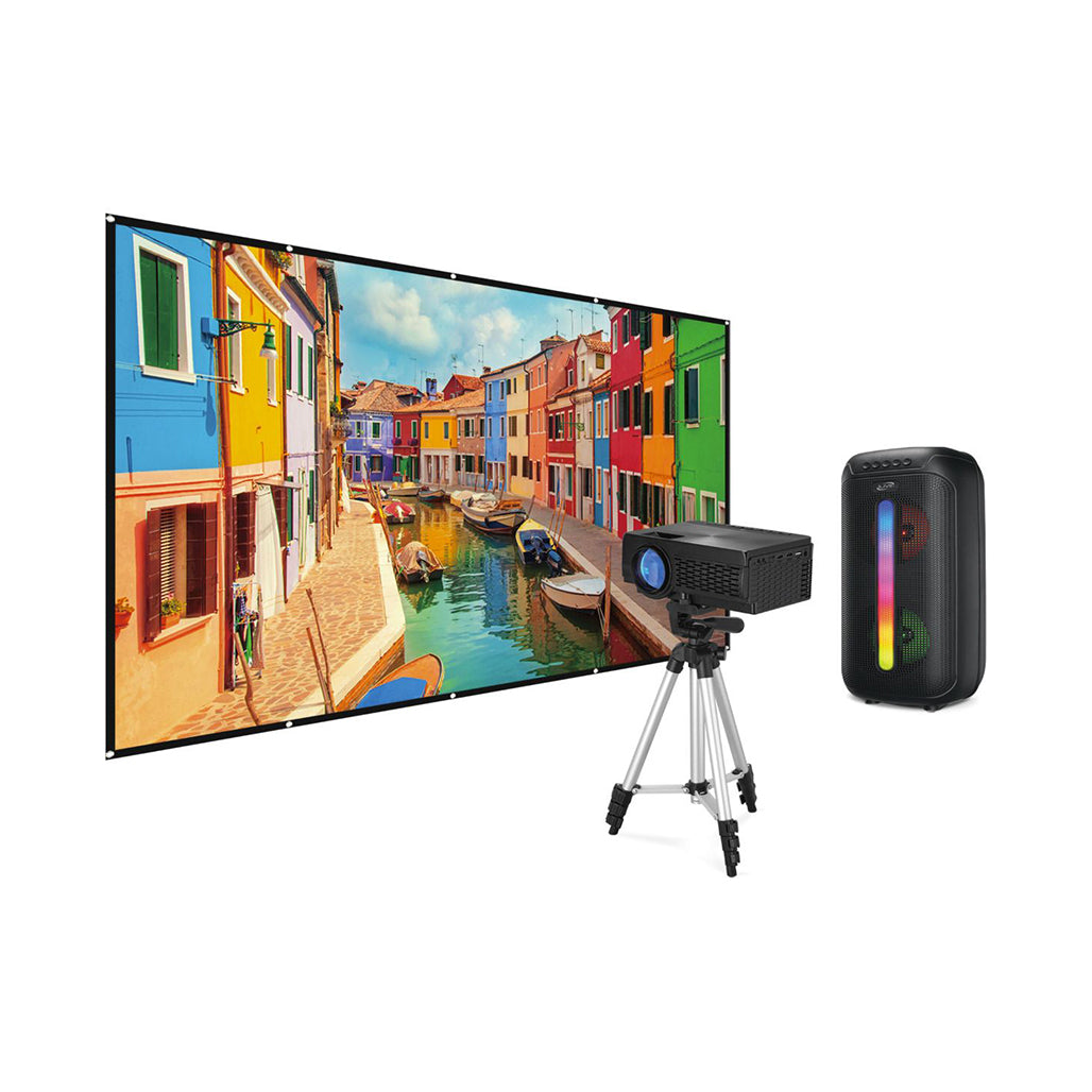 A Photo Of Home Theater Projector Kit with Tripod and Bluetooth Speaker – 120” Screen, HD Resolution, and Full-Spectrum Sound