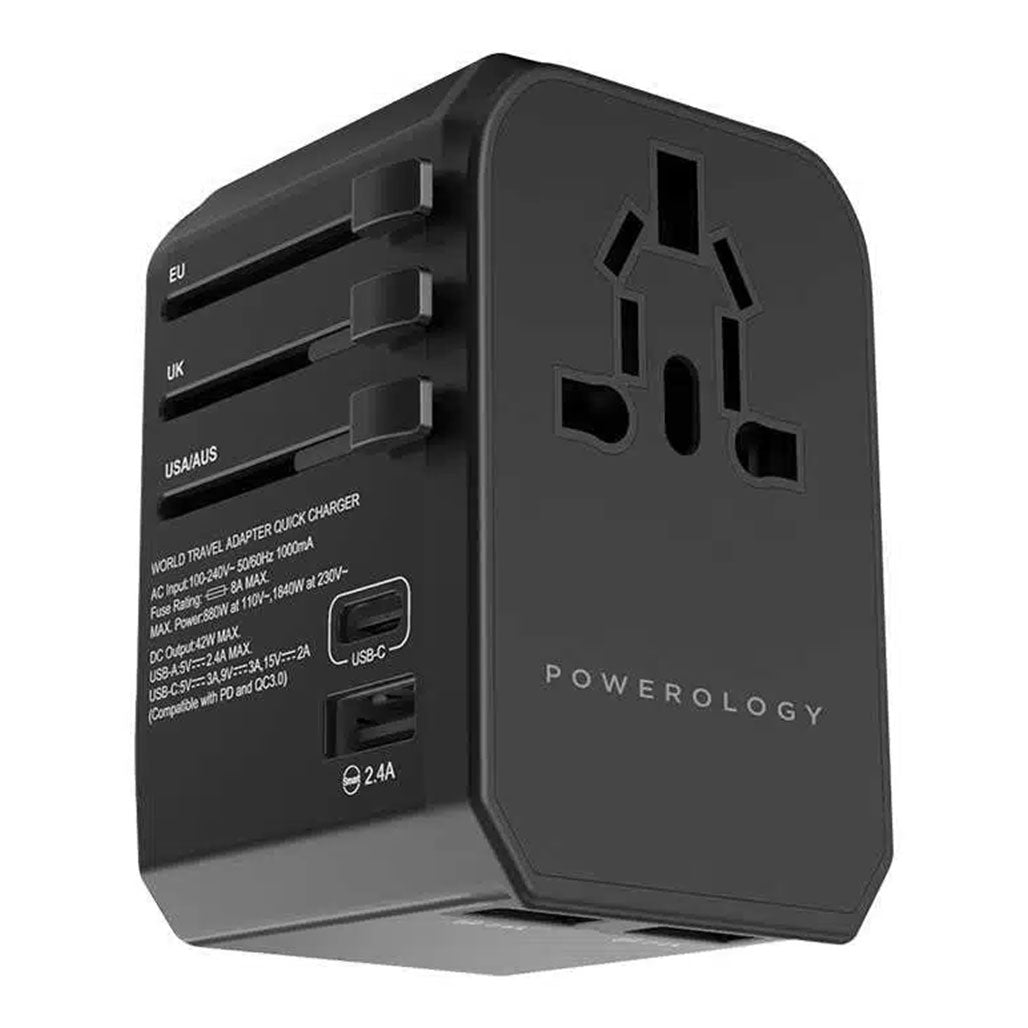 A Photo Of Powerology Universal Travel Adapter 2.4A + PD 45W – Compact and High-Power Charging Solution