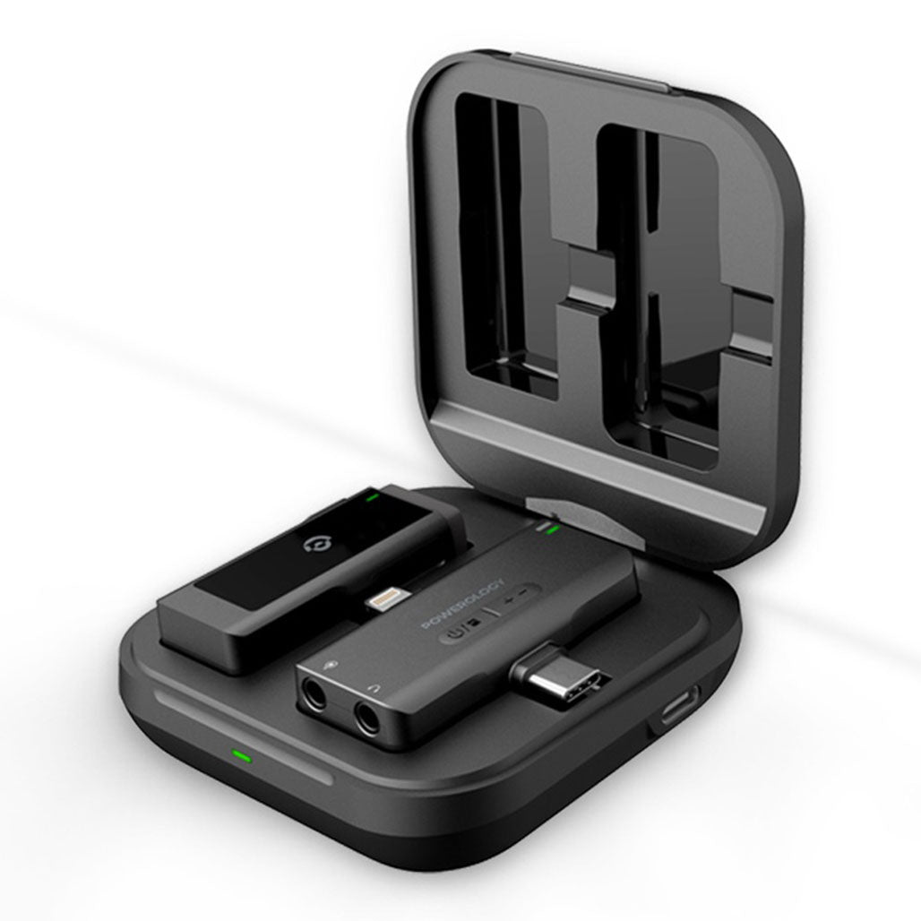 A Photo Of Powerology PWMICBK MFI Dual Connector Wireless Lavalier Microphone - Compatible with iPhone & iPad