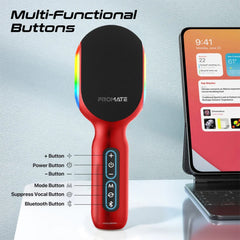 A Photo Of Promate VocalMic 5-in-1 Wireless Karaoke Microphone & Speaker - Red | Bluetooth 5.0, RGB Lighting, TWS Duet Mode