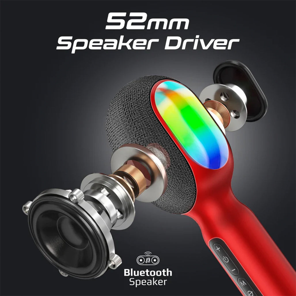 A Photo Of Promate VocalMic 5-in-1 Wireless Karaoke Microphone & Speaker - Red | Bluetooth 5.0, RGB Lighting, TWS Duet Mode