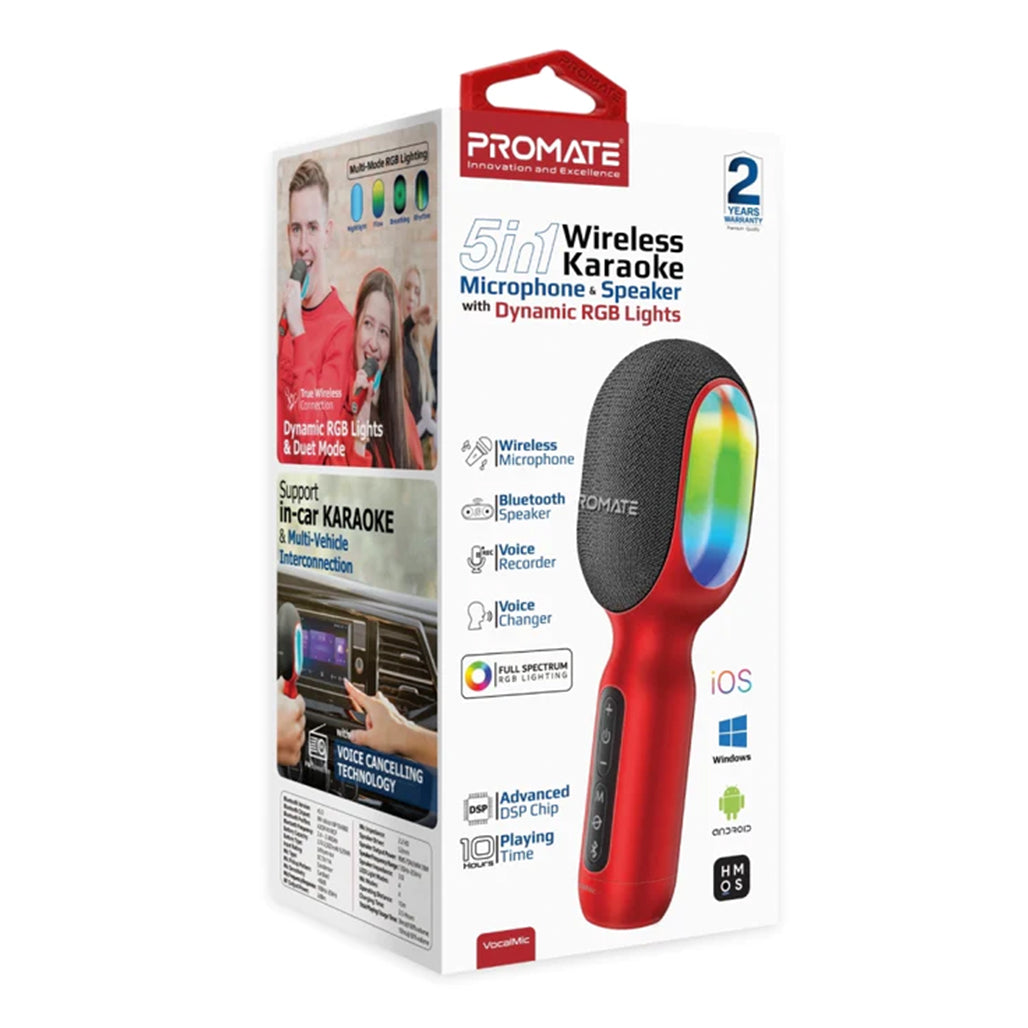 A Photo Of Promate VocalMic 5-in-1 Wireless Karaoke Microphone & Speaker - Red | Bluetooth 5.0, RGB Lighting, TWS Duet Mode