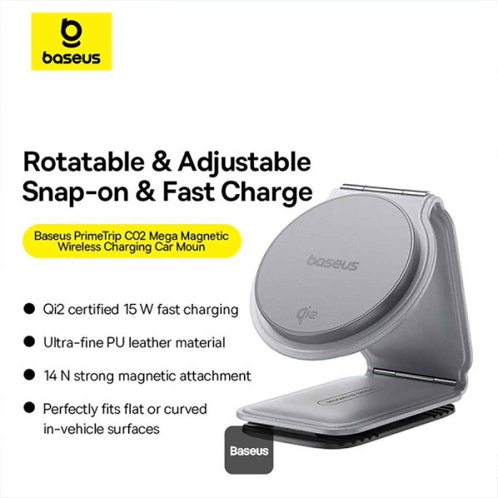 A Photo Of Baseus C02 PrimeTrip Magnetic Wireless Charging Car Phone Holder - 15W Qi2 MagSafe, Foldable Dashboard Mount, 360° Adjustable, Gray