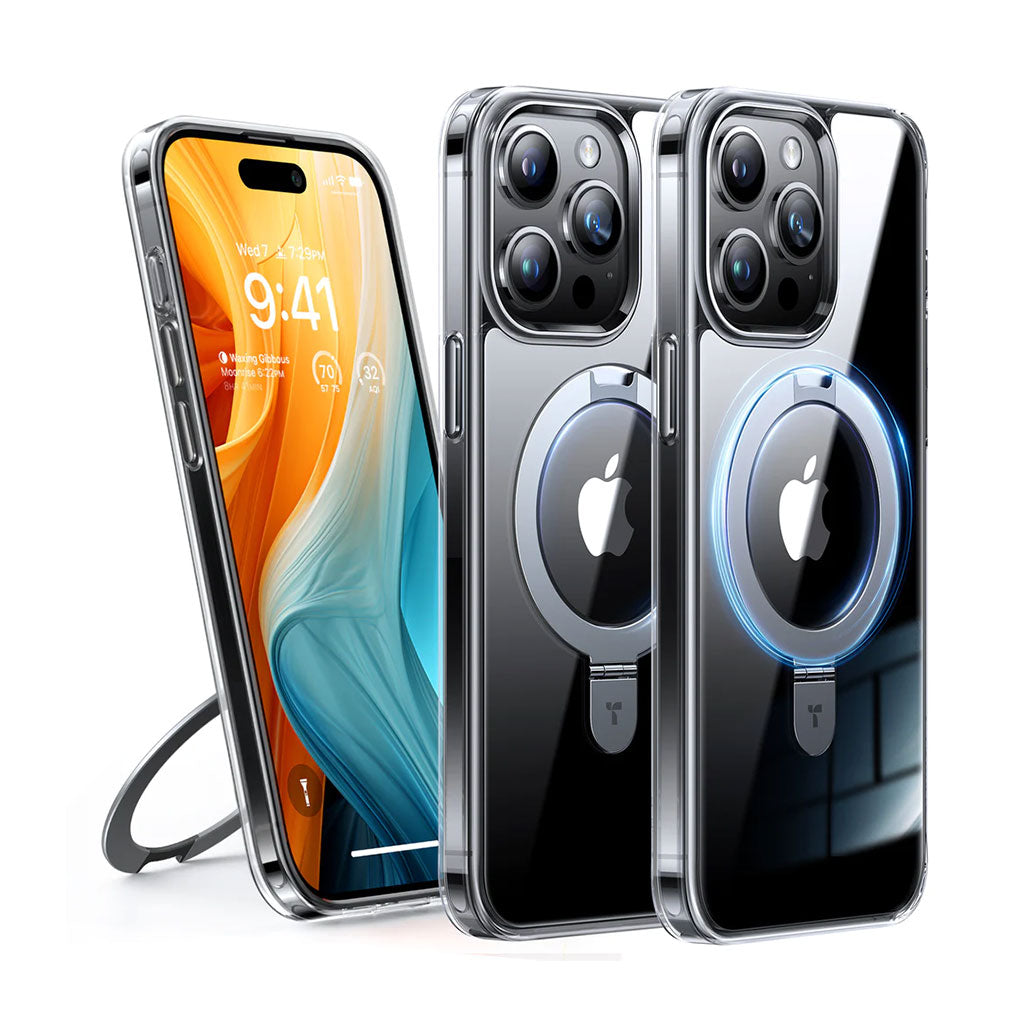 A Photo Of Torras UPRO Ostand Clear MagSafe Case for iPhone 15 Pro Max – Hidden Kickstand, Anti-Yellowing Technology, and Military-Grade Protection