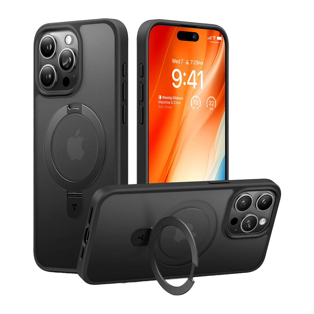 A Photo Of Torras UPRO Ostand Black MagSafe Case for iPhone 15 Pro – 360° Kickstand with Enhanced Protection and Fast Wireless Charging