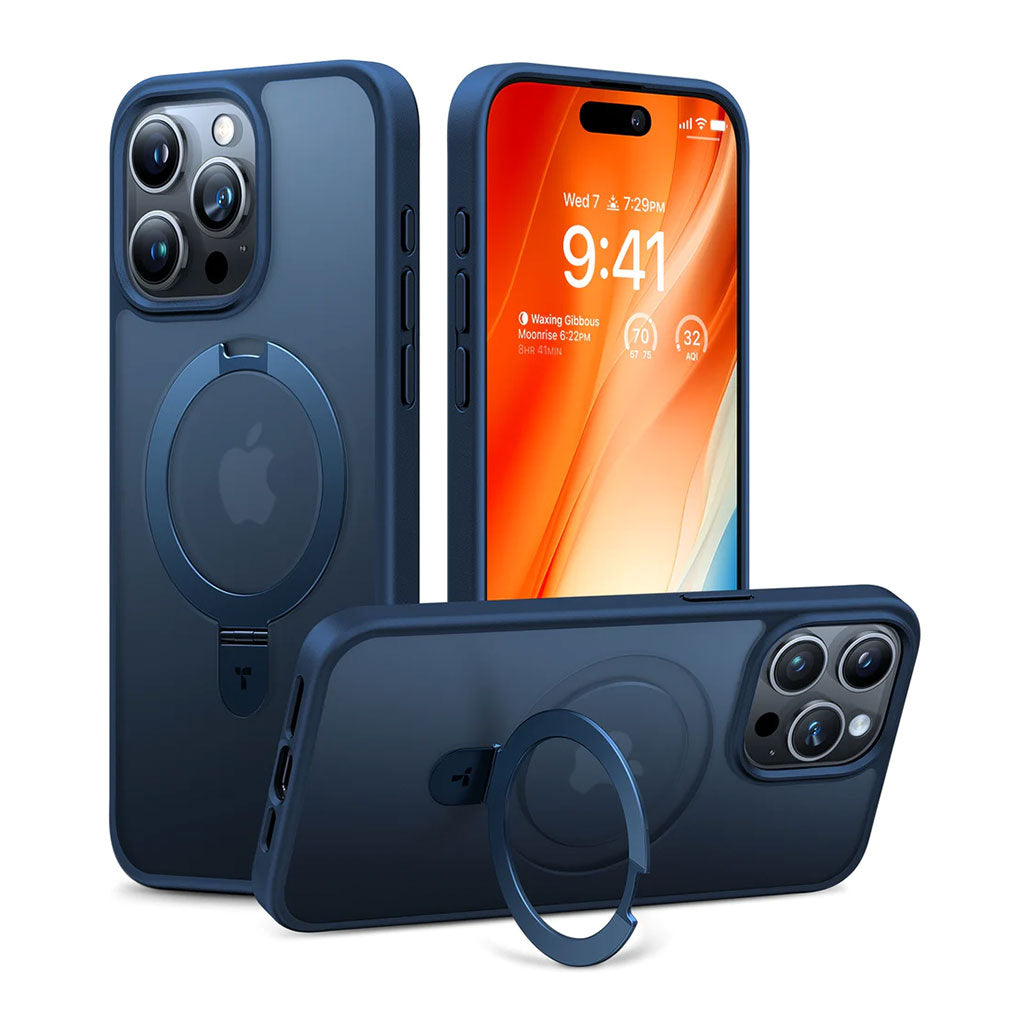 A Photo Of Torras UPRO Ostand Blue MagSafe Case for iPhone 15 Pro – Flexible Kickstand with Military-Grade Protection and Enhanced Wireless Charging