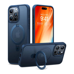 A Photo Of Torras UPRO Ostand Blue MagSafe Case for iPhone 15 Pro – Flexible Kickstand with Military-Grade Protection and Enhanced Wireless Charging