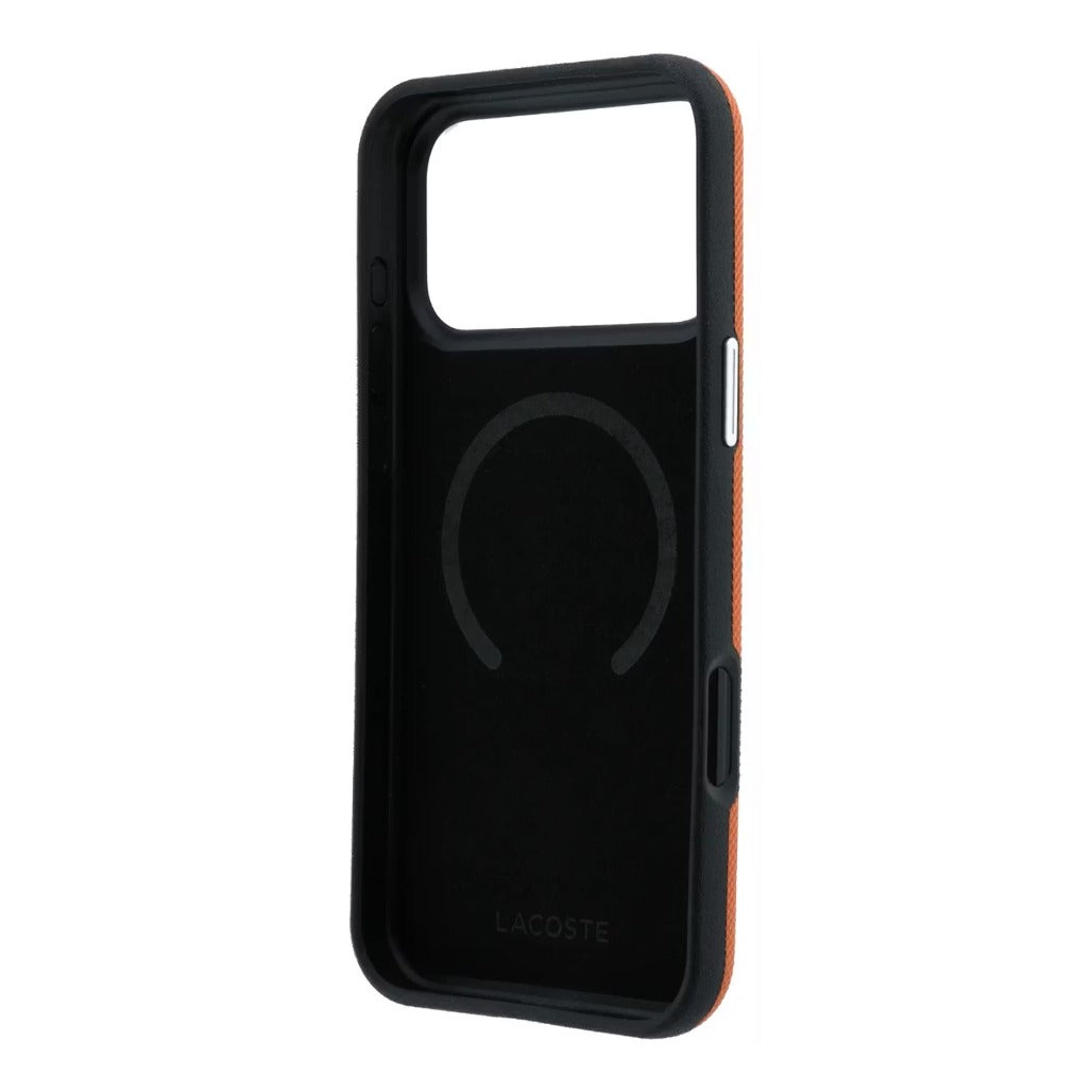 A Photo Of Lacoste MagSafe Orange PU Leather Hard Case for iPhone 18 Pro/18 Pro Max with Petit Pique Embossed