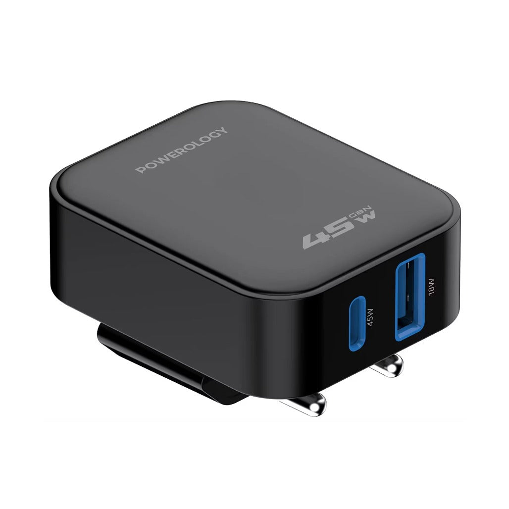A Photo Of Powerology Charger CRAB PWCUQC066BK - Foldable EU GaN, Black