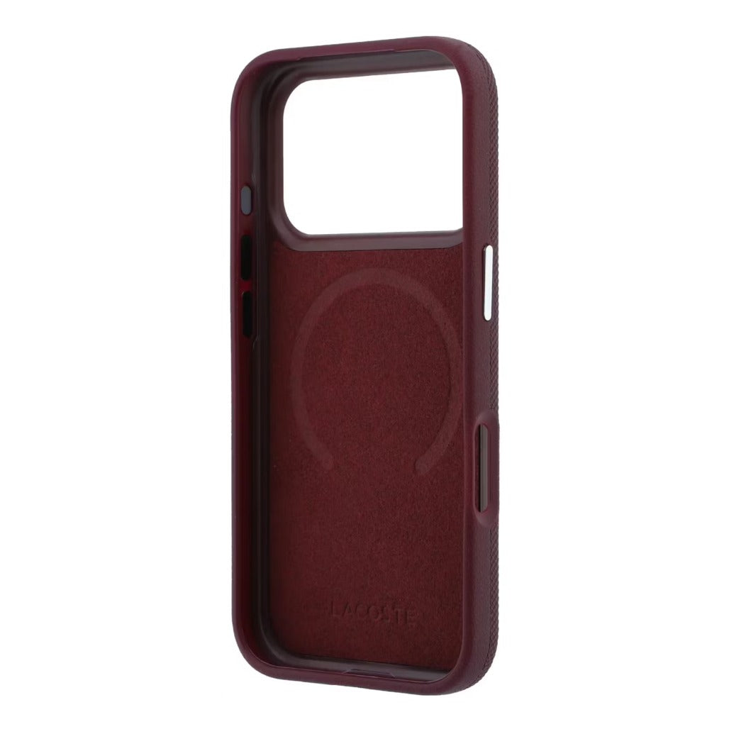 A Photo Of Lacoste iPhone 18 Pro/18 Pro Max Burgundy MagSafe Case with Iconic Petit Pique Hard Case & 360° Rotating Ring Stand