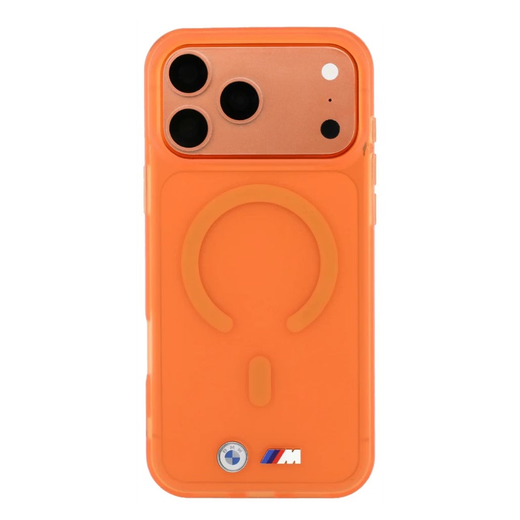 A Photo Of BMW MagSafe iPhone 18 Pro Max Orange IML Frosted Hard Cover with Metal Logos