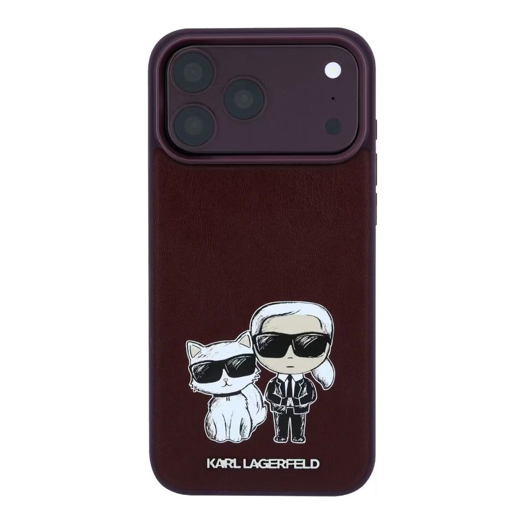 A Photo Of Karl Lagerfeld iPhone 18 Pro Max MagSafe Burgundy Smooth PU Karl & Choupette Bodies Sketch Hard Cover
