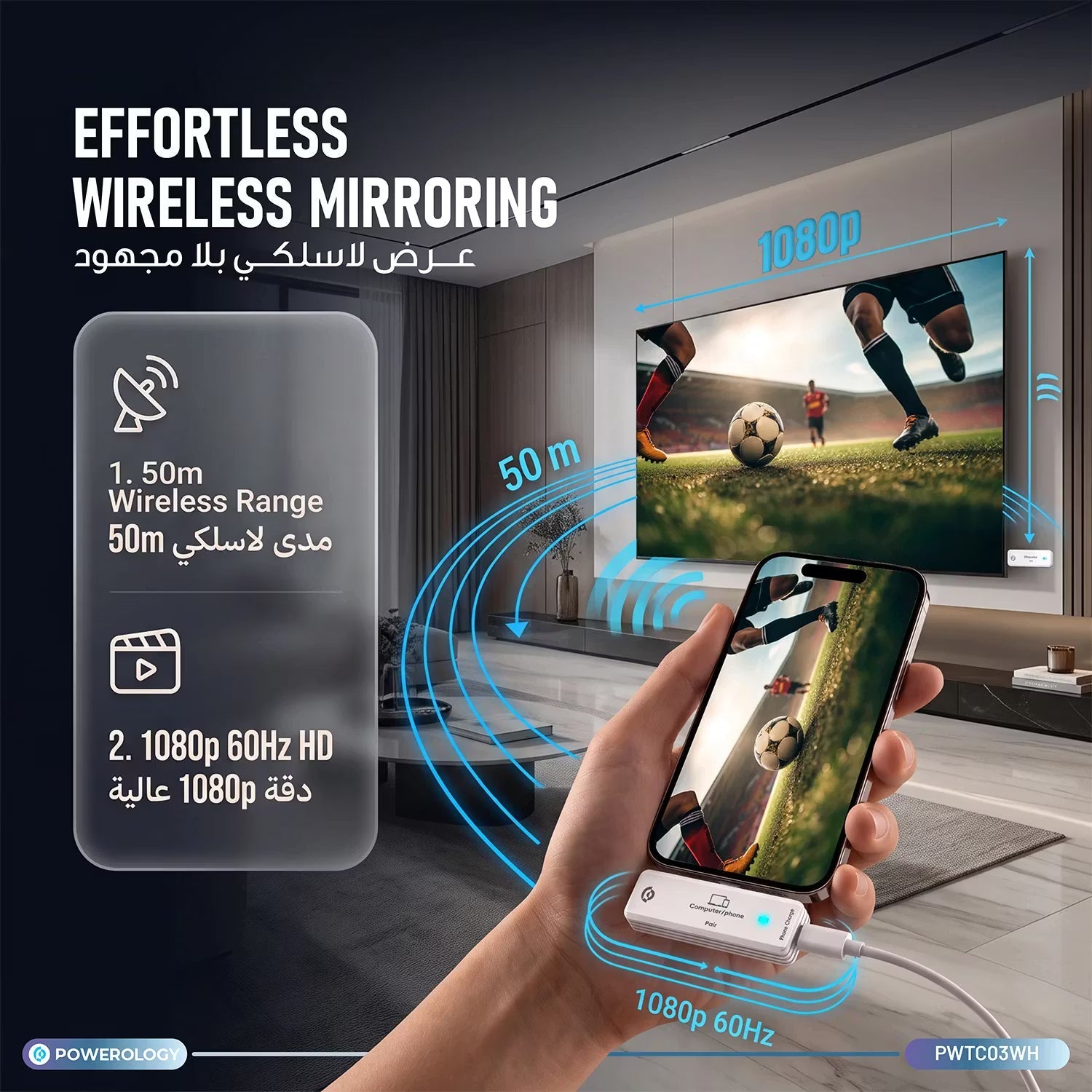 A Photo Of Powerology AIROMA USB-C to HDMI Wireless Adapter, Full HD 1080P, 50m Range - White