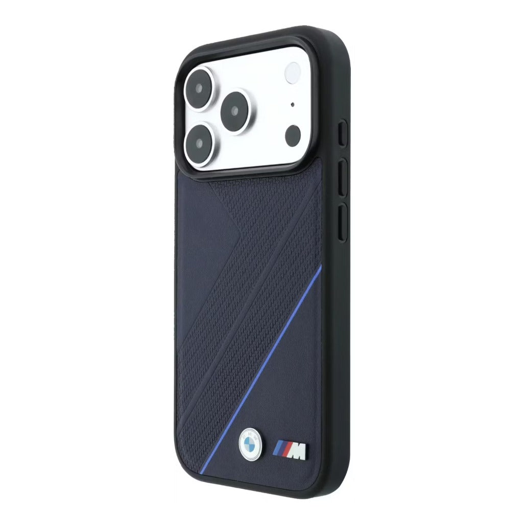 A Photo Of BMW Magsafe iPhone 18 Pro Max Midnight Blue PU Textured Tire Track & Line Pattern with Metal Logo