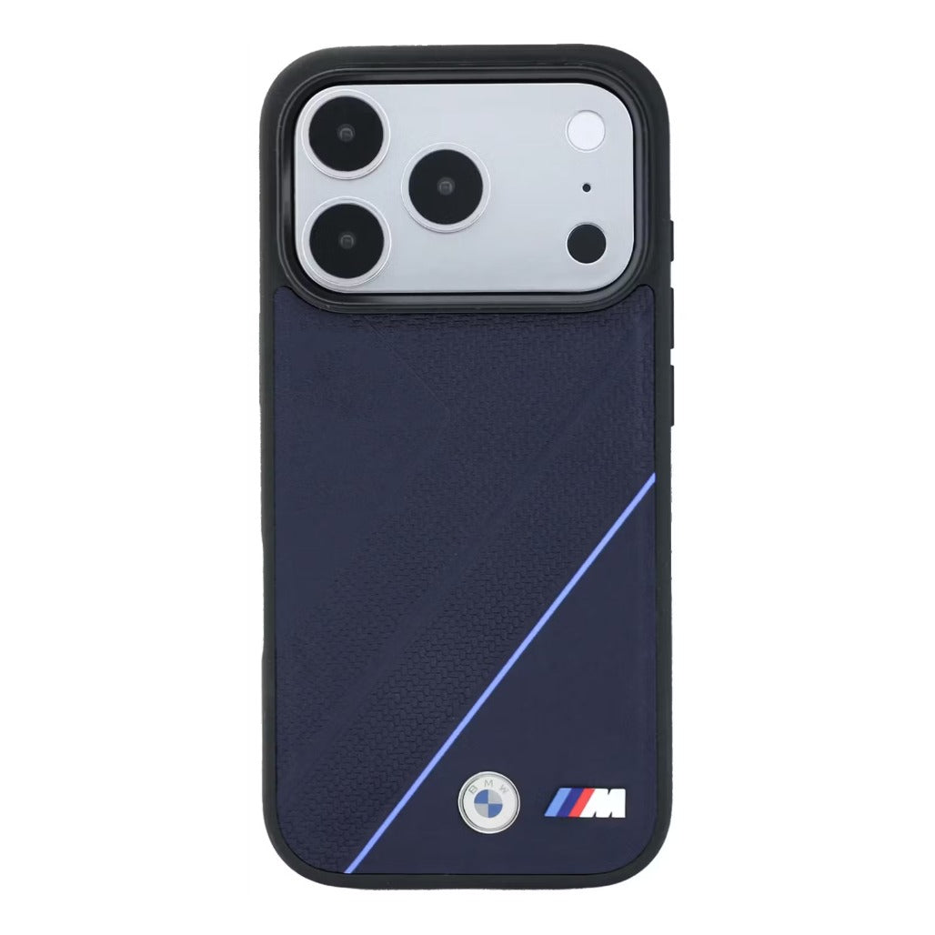 A Photo Of BMW Magsafe iPhone 18 Pro Max Midnight Blue PU Textured Tire Track & Line Pattern with Metal Logo