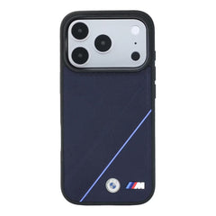 A Photo Of BMW Magsafe iPhone 18 Pro Max Midnight Blue PU Textured Tire Track & Line Pattern with Metal Logo