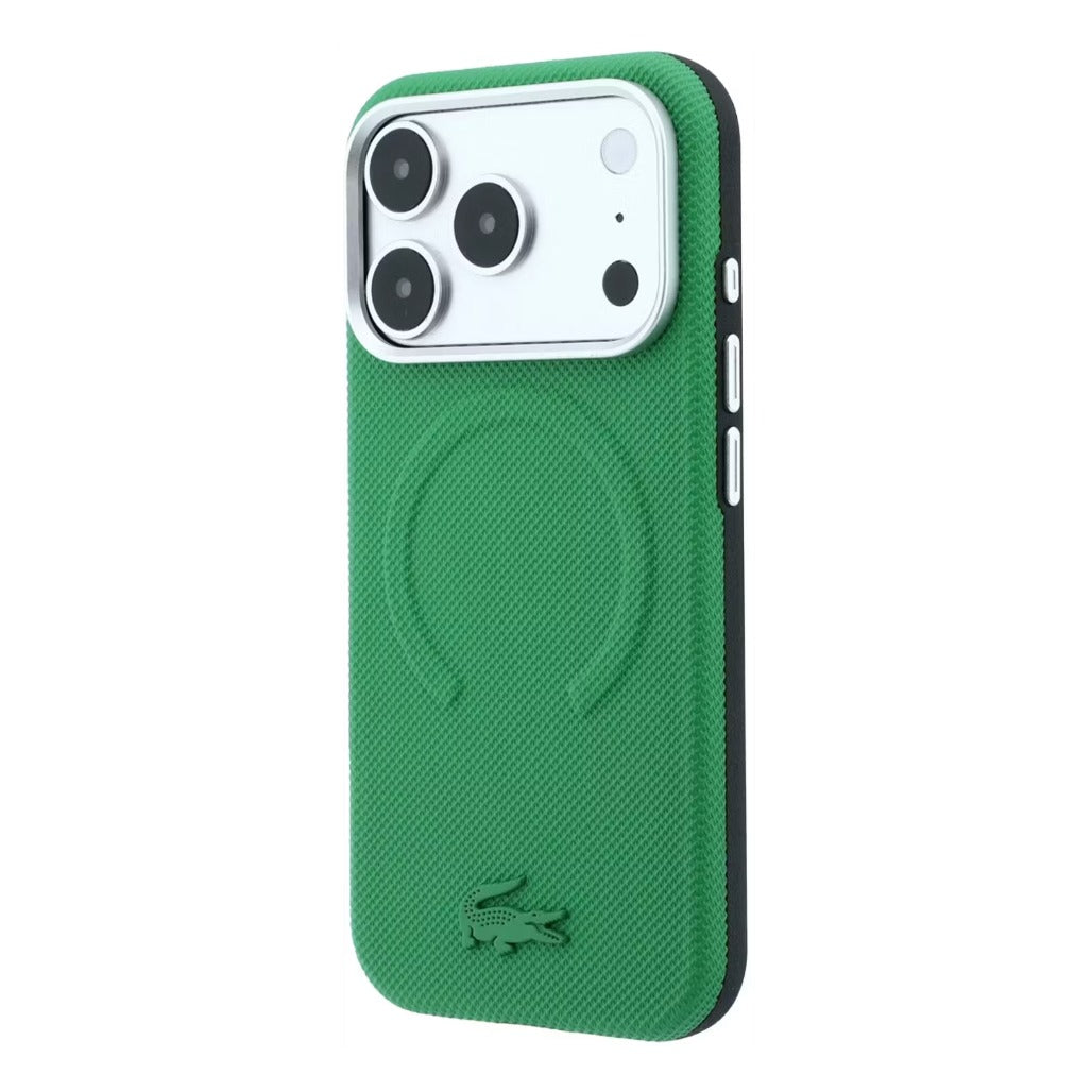 A Photo Of Lacoste MagSafe Green PU Leather Hard Case for iPhone 18 Pro/18 Pro Max with Petit Pique Embossed