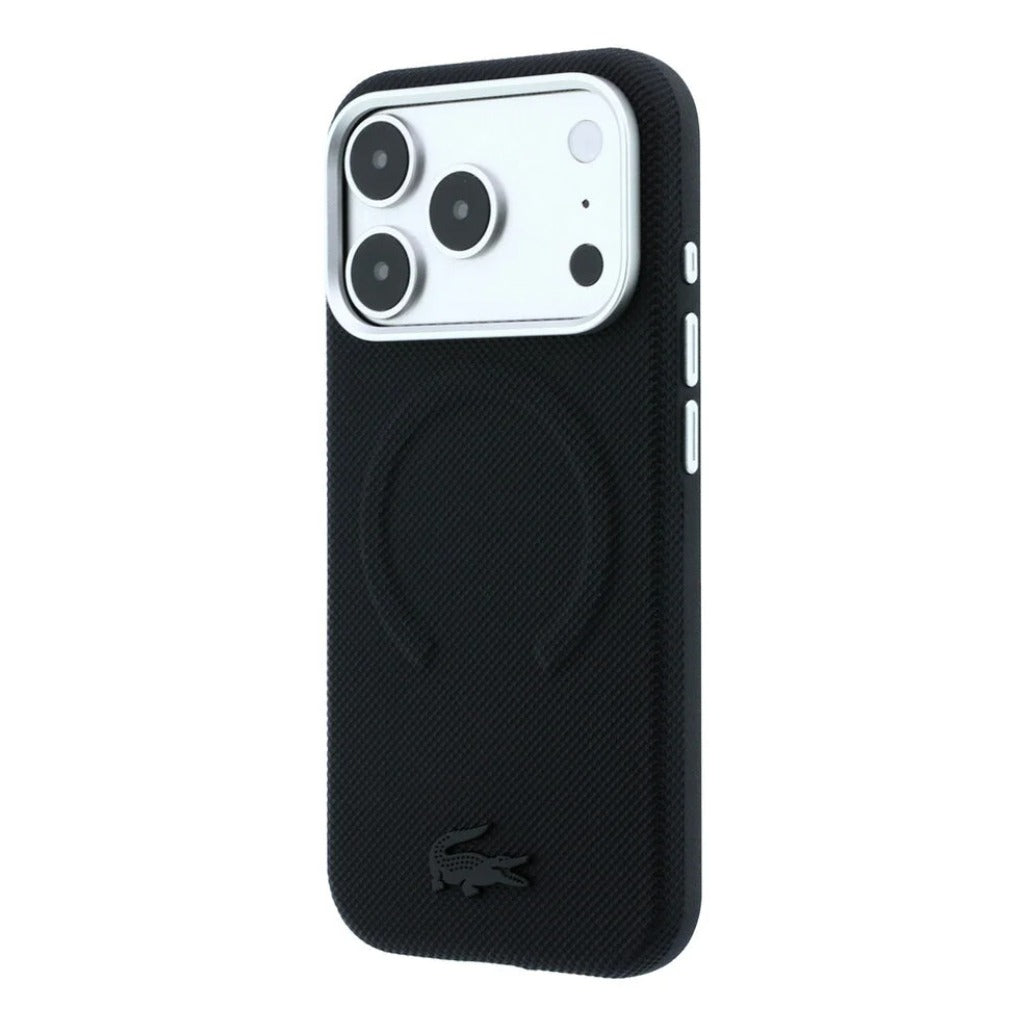 A Photo Of Lacoste MagSafe Black PU Leather Hard Case for iPhone 18 Pro/18 Pro Max with Petit Pique Embossed