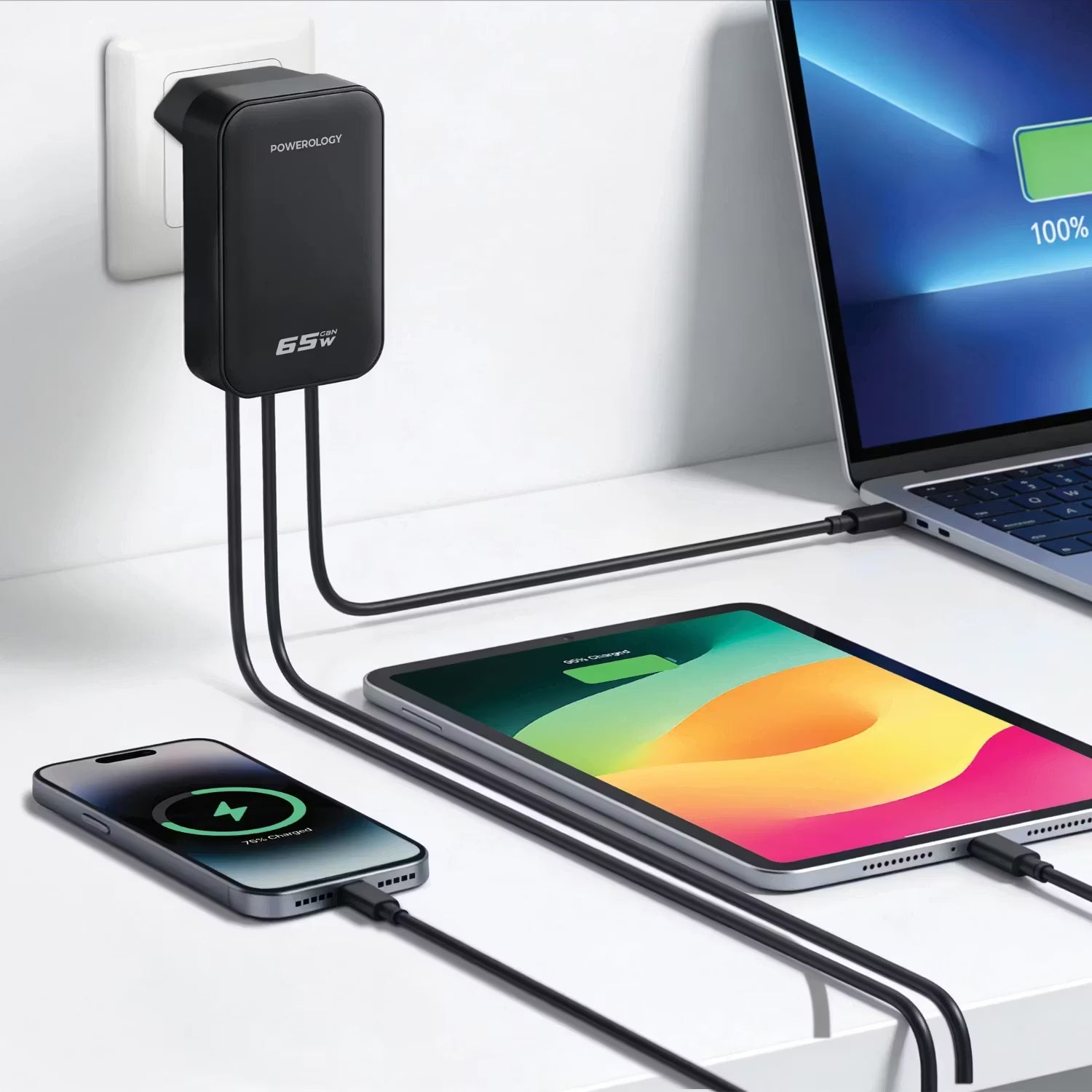 A Photo Of Powerology GaN Foldable Charger PWCUQC068BK - 65W, Black