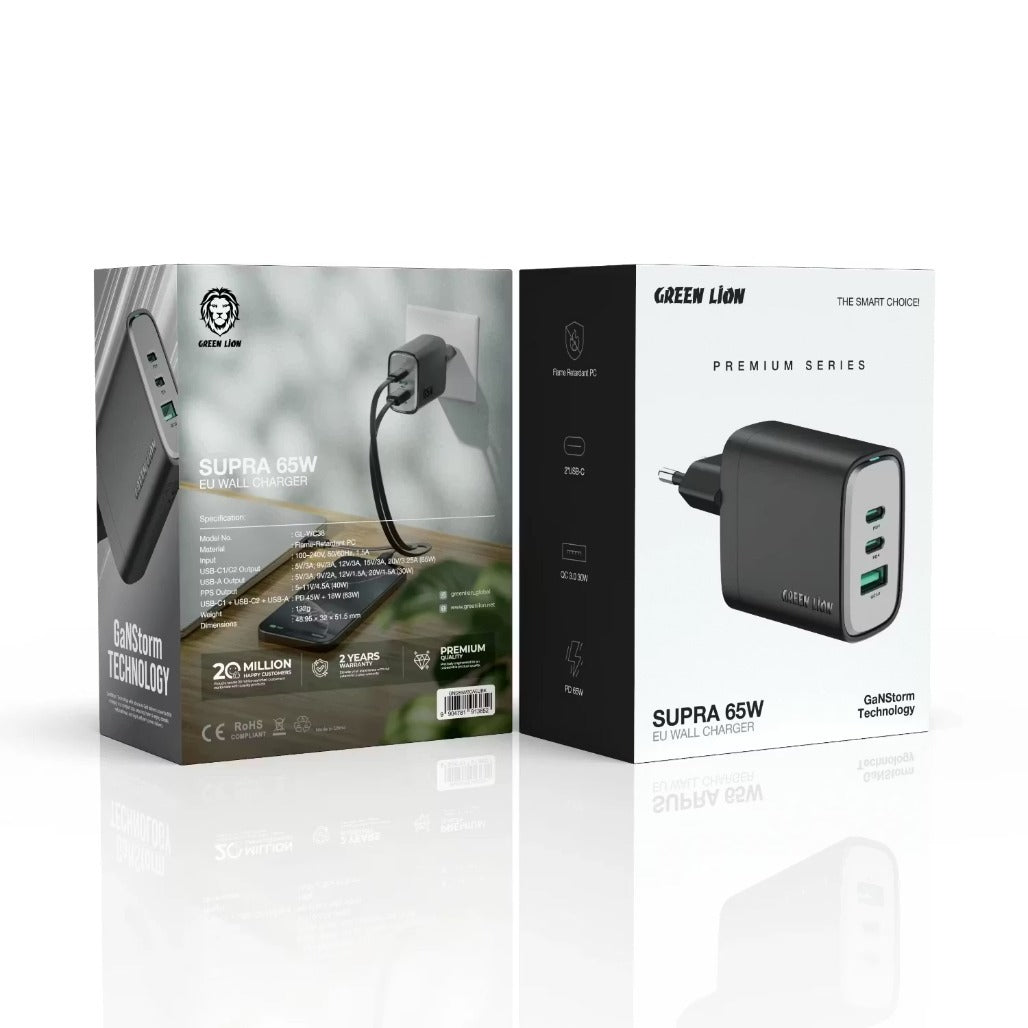 A Photo Of Green Lion Wall Charger Supra GNS65W2CAEUBK - 65W GaN, USB-A & 2 USB-C, Black