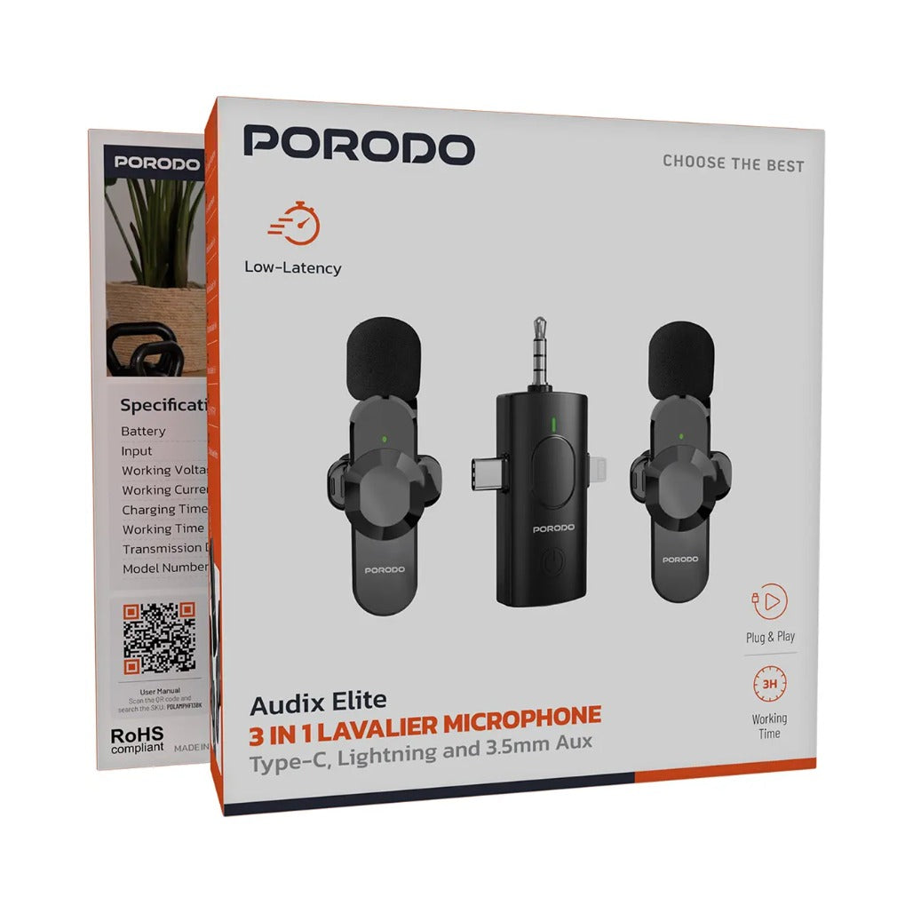 A Photo Of Porodo Lavalier Microphone Audix Elite 3-in-1 - Type-C/Lightning/3.5mm, Black