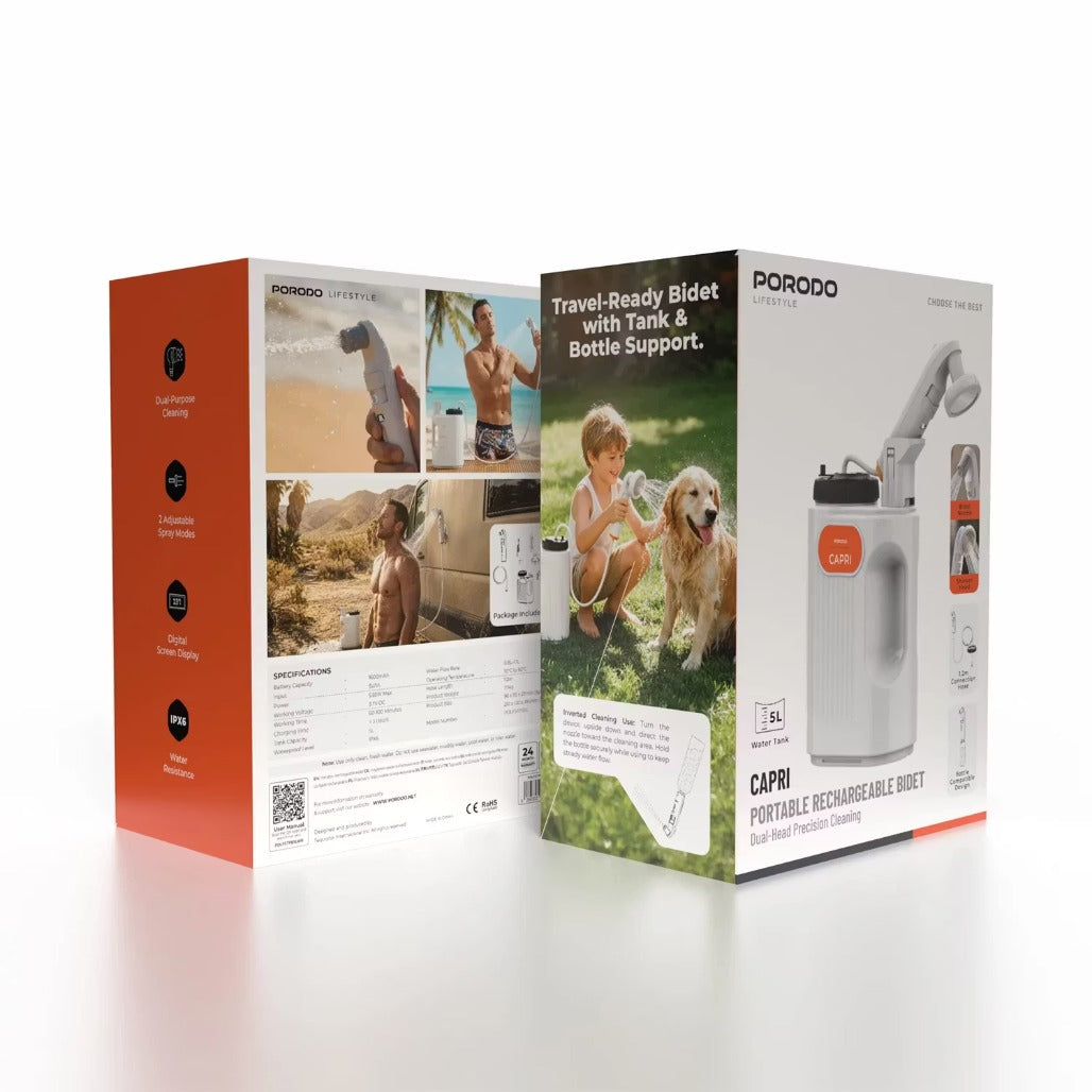 A Photo Of Porodo Lifestyle Capri Portable Rechargeable Bidet, 5L Capacity, IPX6 Waterproof, 1.2m Hose - White
