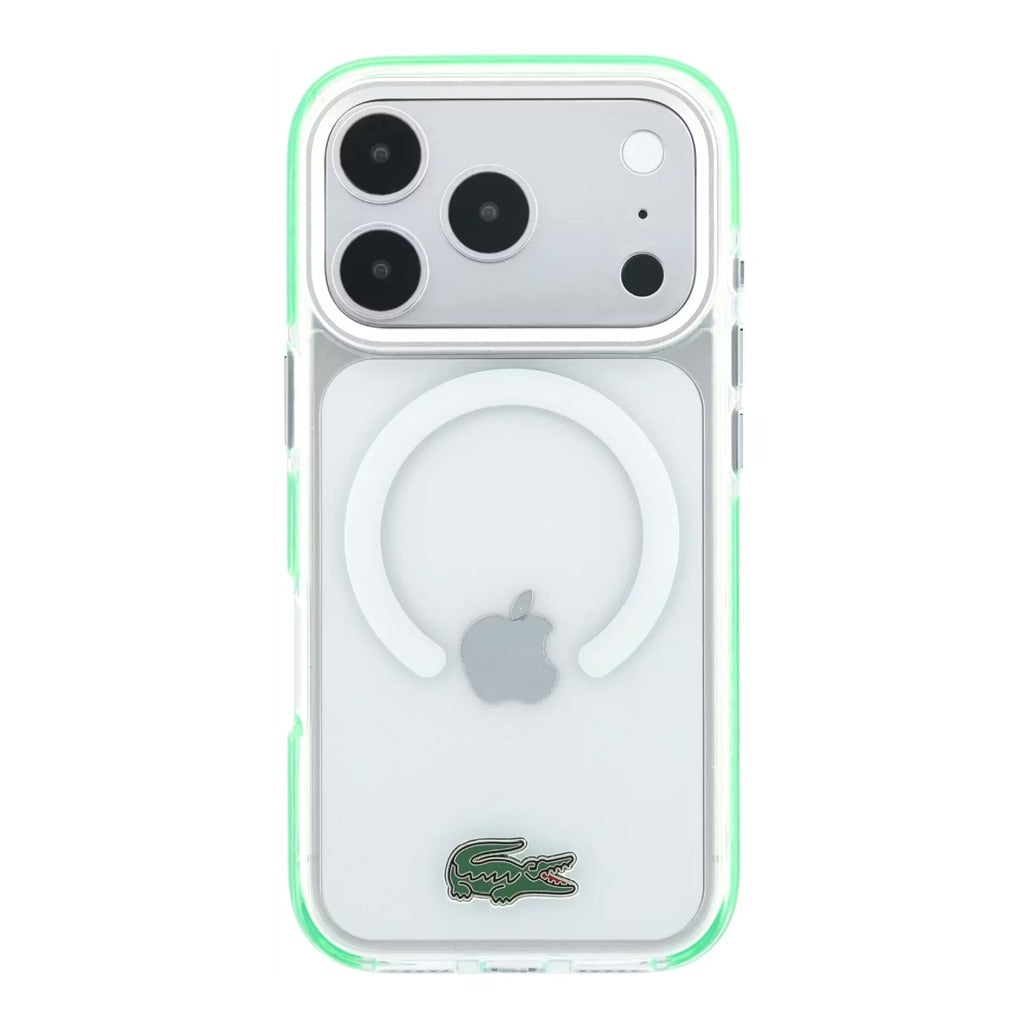 A Photo Of Lacoste MagSafe IML Transparent Hard Case with Green Shockproof Edges for iPhone 18 Pro/18 Pro Max