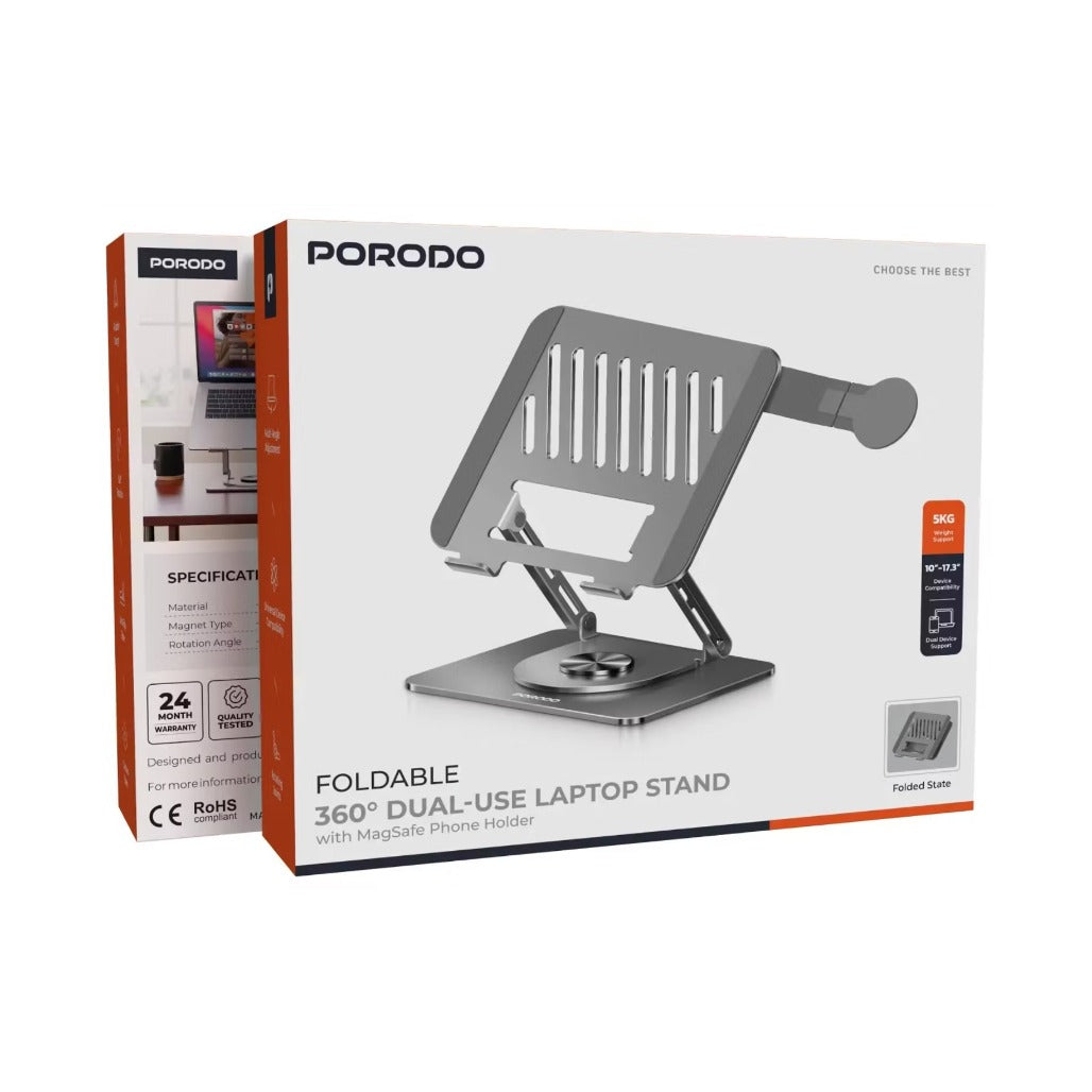 A Photo Of Porodo Laptop Stand PDLSM360DKGY - Foldable 360° Dual-Use, Gray