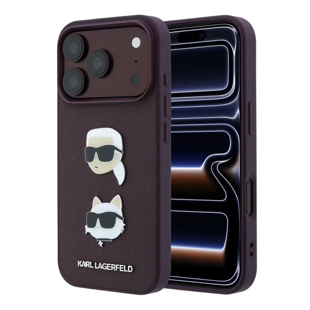 A Photo Of Karl Lagerfeld iPhone 18 Pro Max Saffiano PU Hard Burgundy with Karl & Choupette Heads Pins & Logo